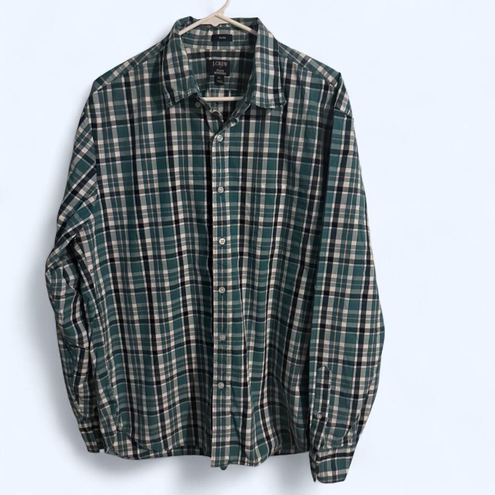 J.CREW button down mens XL green plaid casual long sleeve flex washed shirt